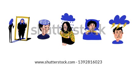 Psychology. Set of men and women with psychological problems on white background. Mental disorders, illnesses, psychiatry. Naive style flat vector illustration