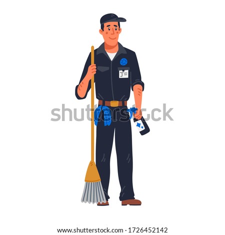 janitor - male janitor in black uniform holding mop. Cleaning service and hospital disinfection. Flat style vector illustration on white background Foto stock © 