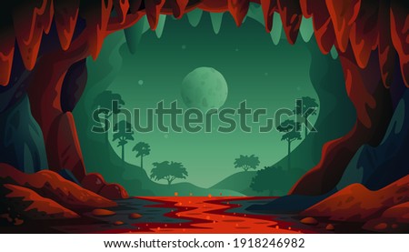 Jungle vector landscape. Cave landscape with an underground red river and forest. Vector illustration in flat cartoon style.