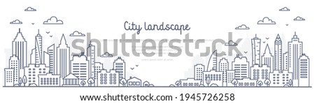 Cityscape line panorama - urban landscape in linear style on white background. Thin line vector illustration.