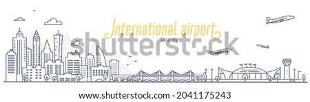 Cityscape with city airport. Concept of a city to the airport and back transfer, or Commute. Outline style vector illustration on white background.