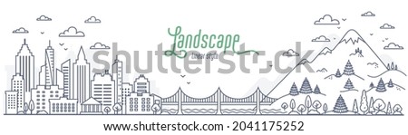 Cityscape vs suburb mountains and hills. Concept of a city and suburban life. Outline style vector illustration on white background.