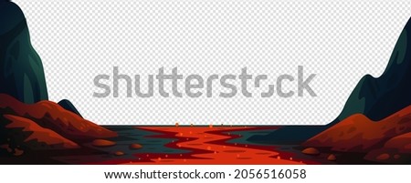 Lava river, fantasy landscape with red fire river. Vector illustration in flat cartoon style