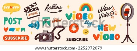 Blog content icons. Blogging or vlogging cartoon icons for social midea vector flat illustration.