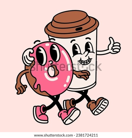 Retro style Funny cartoon donut and coffee cup. Groovy vintage 70s coffee and cookie characters walking arm in arm