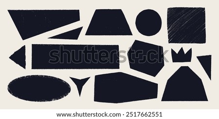 Simple geometrical shapes with rough torn edges. Grunge style black frames with ripped border. Black collage torn paper piece or vintage paint stain silhouettes on light background. Vector for sticker