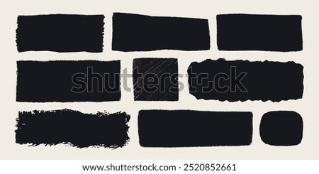 Rectangle shape set with rough torn edges. Grunge style black square frame with ripped border. Black vector collage torn paper piece or vintage paint stain silhouette isolated on light background