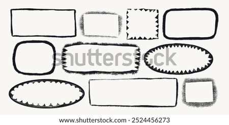 Simple frames with rough torn edges. Various geometrical shapes with ripped border. Black vector collage torn paper piece or vintage paint stain silhouette on light background. Vector illustration