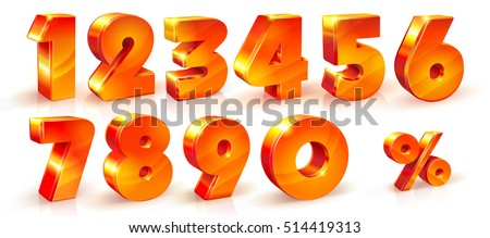 Set of volumetric shiny numbers and percent sign. Orange numbers set, 3d objects.
1, 2, 3, 4, 5, 6, 7, 8, 9, 0 numbers and percent % sign. Vector illustration