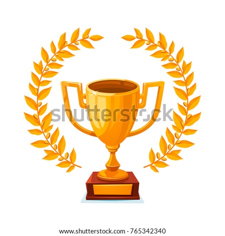 Golden trophy cup. first place winner award with laurel wreath. Gold goblet. vector illustration