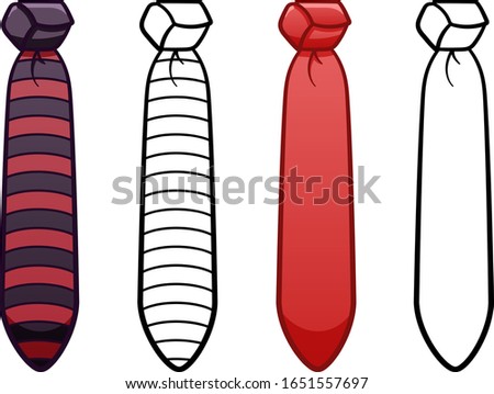 Necktie in four variants set isolated illustration. Colored, line version, with pattern. White background, vector.