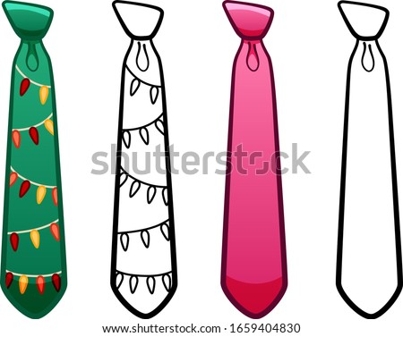Necktie with half-windsor knot in four variants set isolated illustration. Colored, line version, with pattern. White background, vector.