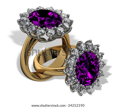 Amethyst and diamond cluster rings on white