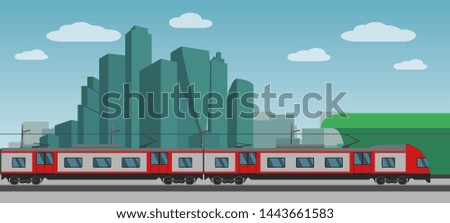 Electric train with city background. Flat style