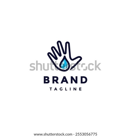 Hi Five Blue Waters Logo Design. Open Hand Gesture With Blue Water Drop Icon Logo Design.