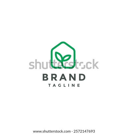 Green Plant Shoots House Logo Design. House Plant Line Silhouette Logo Design.