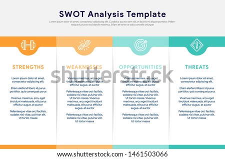 Four colorful elements with text inside placed around table. Concept of SWOT-analysis template or strategic planning technique. Infographic design template. Vector illustration.