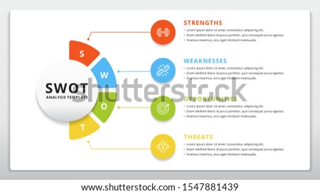 Four colorful elements with text inside placed around circle. Concept of SWOT-analysis template or strategic planning technique. Infographic design template. Vector illustration.