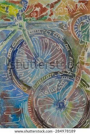 Two bicycles pass in opposite directions, front wheels only against an urban abstract background. Watercolor painting on paper.
