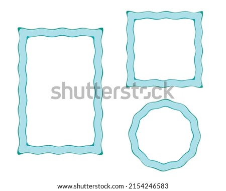 Frame, doodle border Set. Hand drawn paint brush wave line stroke, blue marine tones color. Circle wreath, square, rectangle geometric shapes. Empty frame for text space. Vector illustration