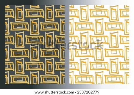 Geometric rectangle shape seamless patterns, set of 2. Hand drawn ink paint brush line, doodle cartoon style, yellow gold orange color palette. White or black colour background. Vector illustration