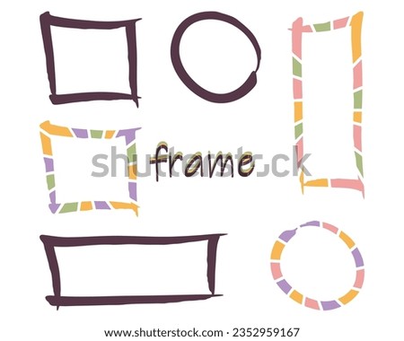 Free style frames, border Set. Hand drawn paint brush doodle line strokes and fills, colorful palette. Circle wreath, square geometric shapes. Empty frame, text space background. Vector illustration