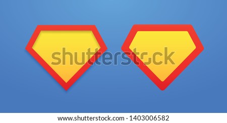 Templates of shields on a bright blue background. Layouts superman shield icon with shadow. Superhero label mockups. Bright, colorful EPS file. Vector illustration. EPS 10