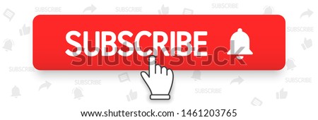 Subscribe, bell button and hand cursor. Red button subscribe to channel, blog. Social media background. Marketing. Vector illustration. EPS 10