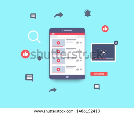 Video marketing. Tablet layout and web symbols. Video content, channel, blogging. Social media youtube concept. Vector illustration. EPS 10