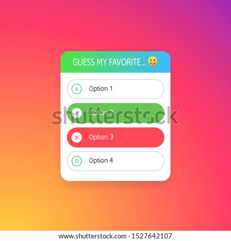 Mockup social media Instagram quiz with options, right and wrong answer. Template test icon. Layout social media Instagram sticker quiz, poll. Vector illustration. EPS 10