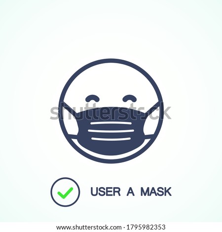 Face in a medical face protection mask. Smile icon in medical mask black color. Vector illustration. EPS 10