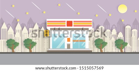 convenience store. 24 hour shop.convenience store open in the night time in paper cut and craft style.