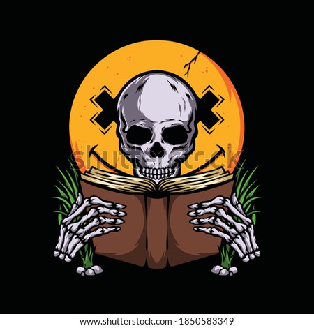Skull reading a book in front of smiley emoticon