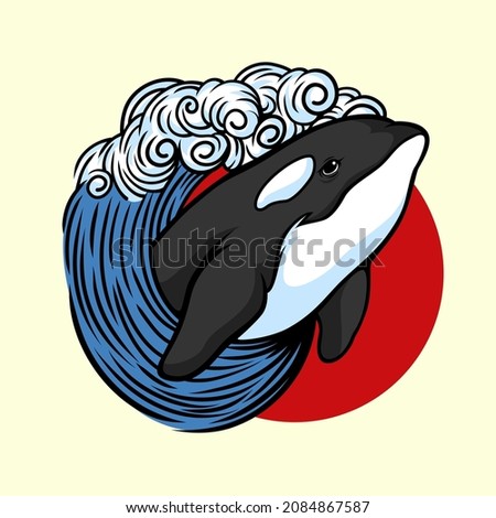 Killer whale playing with wave illustration