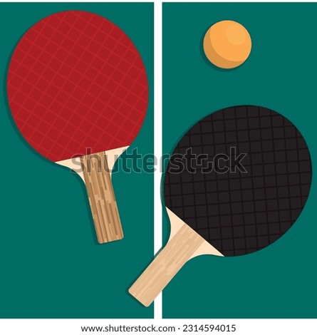 Two Ping-Pong Bats and One Ball Isolated on green Background view from above. Active sports hobby. ping pong table top view. vector illustration. Game.