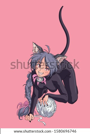 Beautiful anime cat-girl. Vector illustration. Full body. Cartoon character in Japanese style. Illustration for poster, magazine cover or notebook.