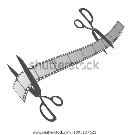 Two scissors cutting the film (black and white vector graphics)