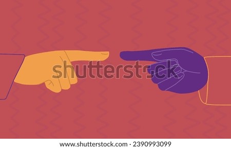 Two pointing hands opposite each other on red background.