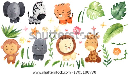 Elephant, tiger, zebra, lion, giraffe, monkey, rhinoceros. Safari animals watercolor illustration and tropical leaves