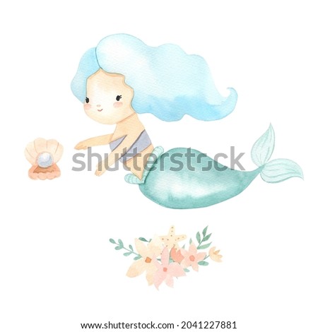 Mermaid with blue hair. Watercolor illustrations for girl. Little underwater princess
