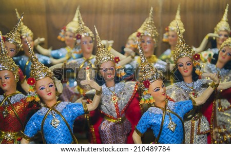 BANGKOK - Group of Thai Ramayana Dolls in Bangkok Doll House on August 2 2014, in Bangkok thailand. Since 1957, Bangkok Dolls has been creating a variety of exquisite handmade collectible Thai Dolls.