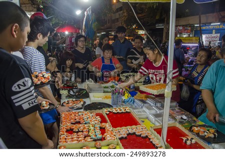 Bangkok, Thailand - 31 January 2015 : Sushi seller at bangkok chinatown on Yaowarat Road, Sushi is a one of favorite food for who come to travel at bangkok chinatown