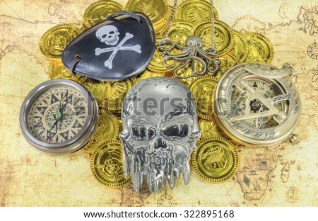 steel pirate skull eye patch compass on a pirate golden coins