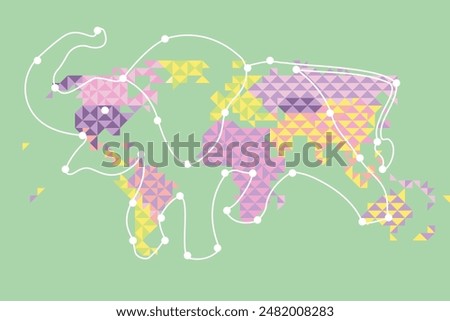 An elephant outlined with white strokes connecting dots on the background of the world map drawn in the low-poly style illustrating an ancient belief in one of mythological creatures holding the world