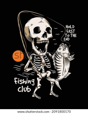 retro skeleton illustration catch the fish