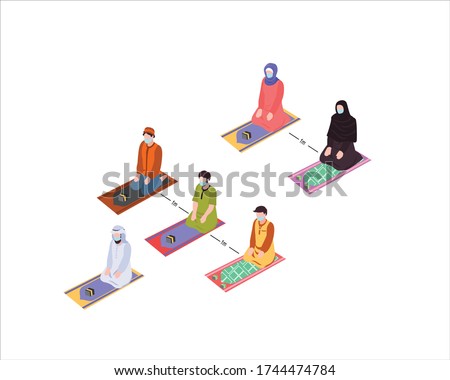 Vector illustration Protocol for muslims perform a prayers outside women and men who wear surgical masks for the protection and safety of coronaviruses. New normal for pray muslim.