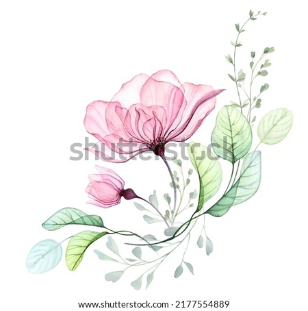 Watercolor abstract arrangement of big pink flowers and eucalyptus leaves. Roses with flying branches. Transparent hand drawn illustration isolated on white for wedding stationery, card print