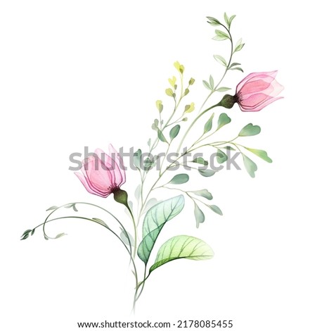 Watercolor abstract arrangement of roses and eucalyptus leaves. Two small flowers with flying branches. Transparent hand drawn abstract illustration. Vertical diagonal composition