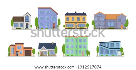Suburban American house exterior flat design front view with roof and some trees. Apartment in a townhouse. Home facade with doors and windows. Modern buildings in a flat style. Vector illustration.