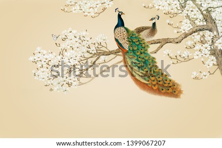 Tree with Peacock Texture Background 3D Wallpaper 商業照片 © 